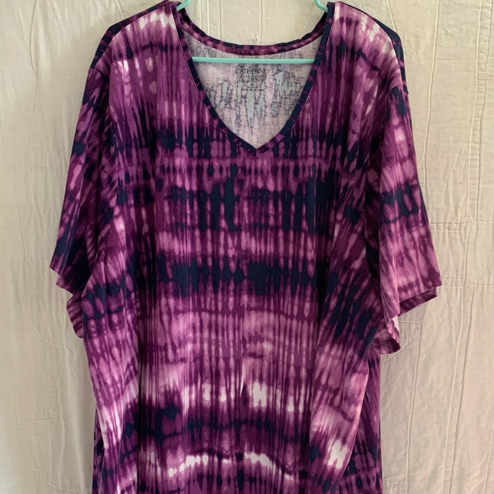 Catherine’s Easy Fit V-neck Tee Purple Tie Dye Tunic Longer Length 4X 5X 30/32